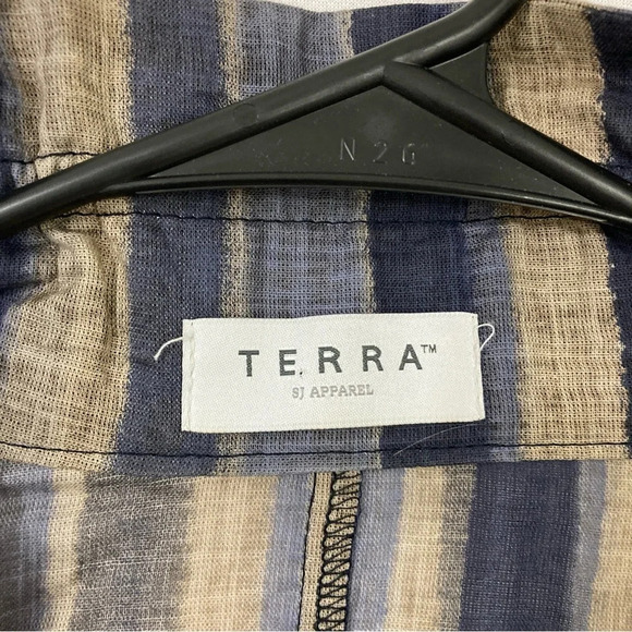 Terra Blue Tan Striped Lagenlook Artsy Button Down Size Medium - Picture 2 of 10
